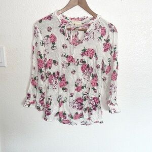 ModCloth Pink And White Rayon 3/4 Sleeve Floral Swiss Dot Tie Neck Blouse